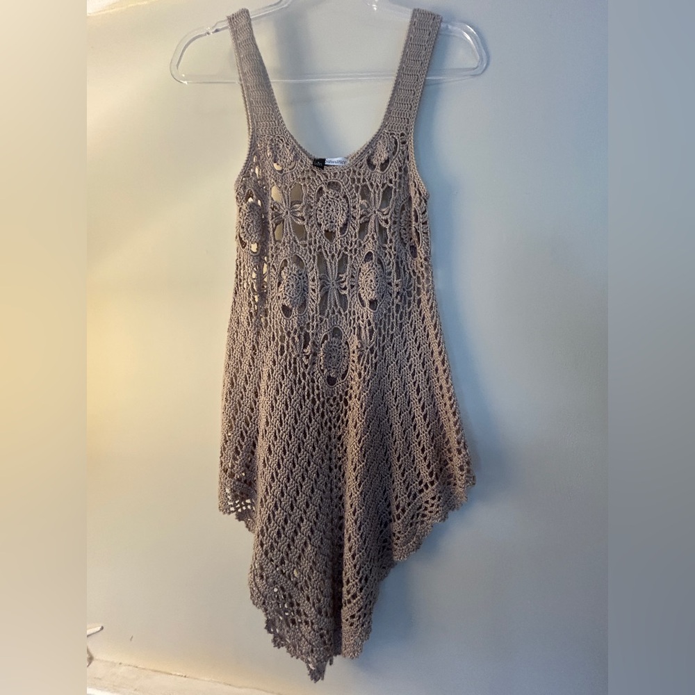 Boho Crochet Tunic Tank Top Beige Handkerchief Hem Festival Beach Cover Up